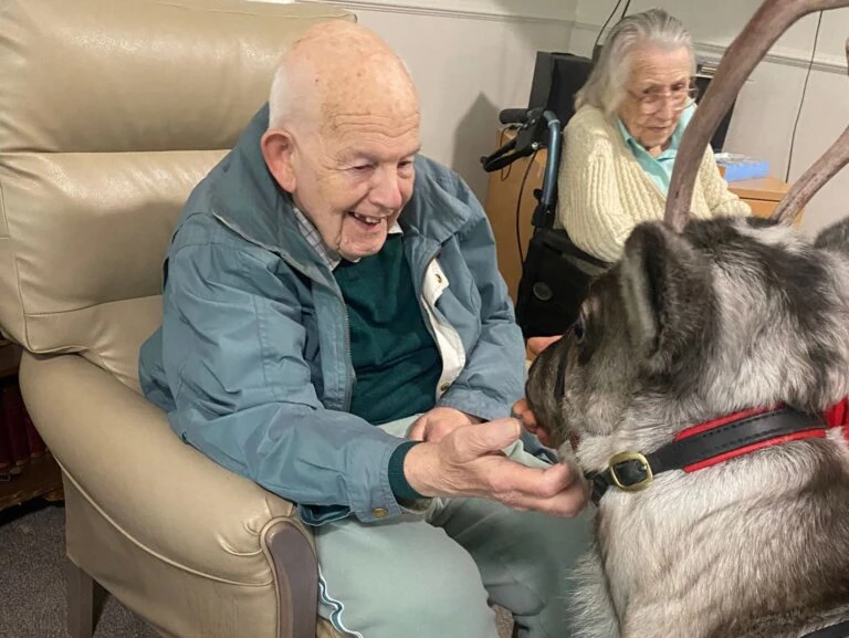 A man who is feeding a raindear